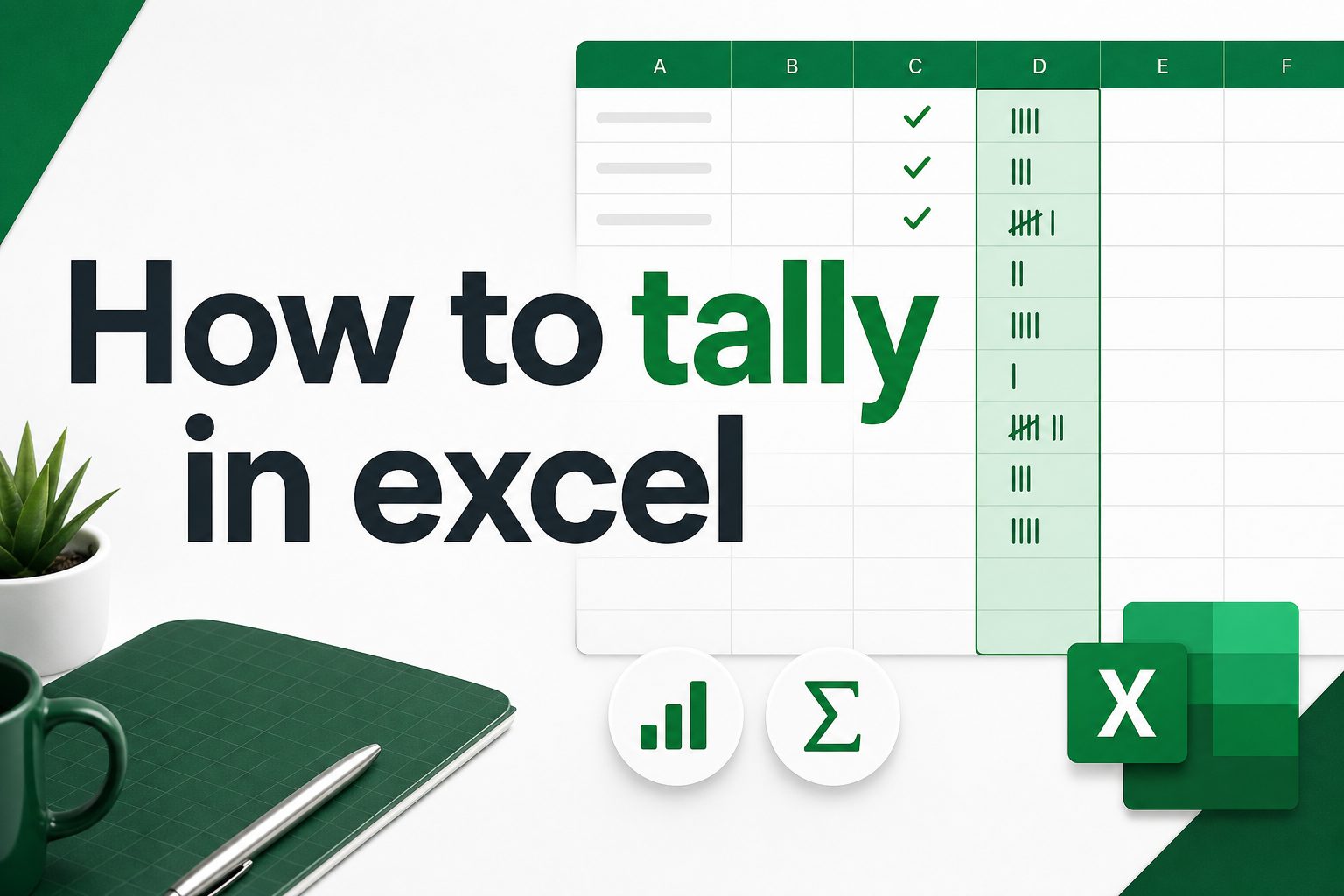 how-to-tally-in-excel-e1140 Excel spreadsheet showing tally marks and a total count formula